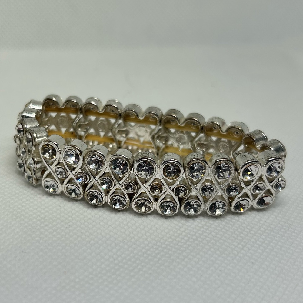 Vintage Silver Tone Rhinestone Stretch Bracelet‎ Double Row Infinity Link